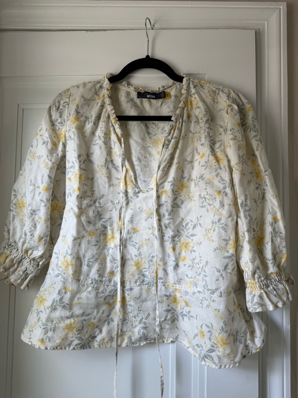 Polo by Ralph Lauren Cream Floral Tie-Neck Tunic with Yellow Accents